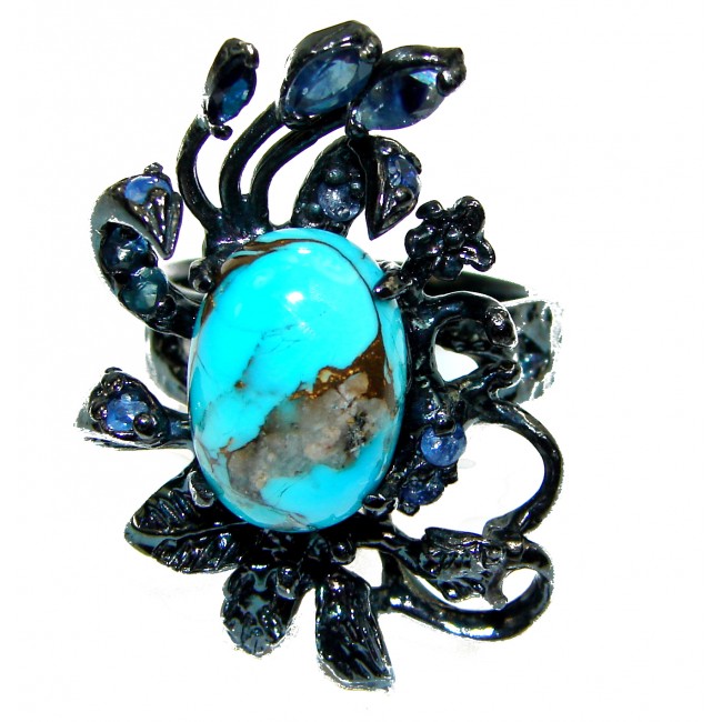 Autehntic Turquoise Sapphire black rhodium over .925 Sterling Silver ring; s. 8 1/4