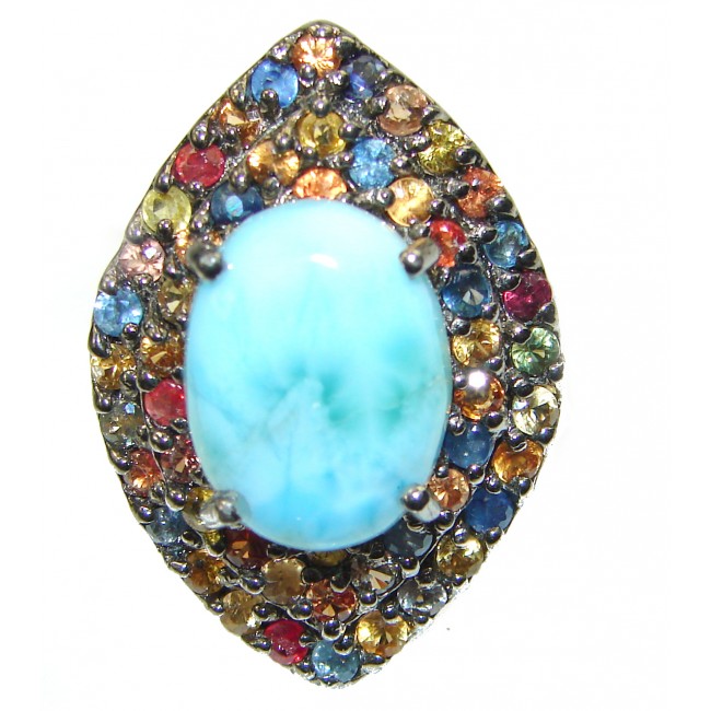 Precious Blue Larimar Sapphire black rhodium over .925 Sterling Silver handmade ring size 8