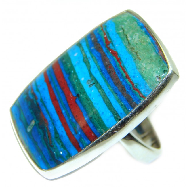 Huge Rainbow Calsilica .925 Sterling Silver handcrafted ring size 8 adjustable