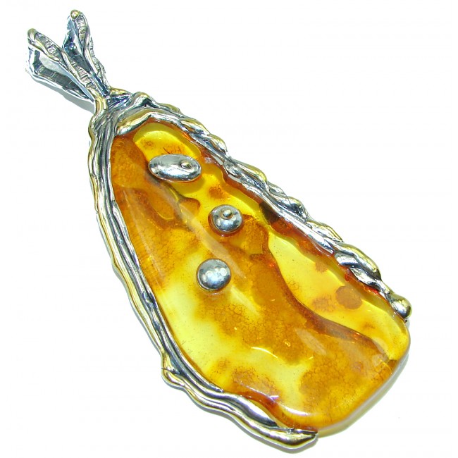 Large Golden Treasure Genuine Baltic Amber .925 Sterling Silver handmade pendant