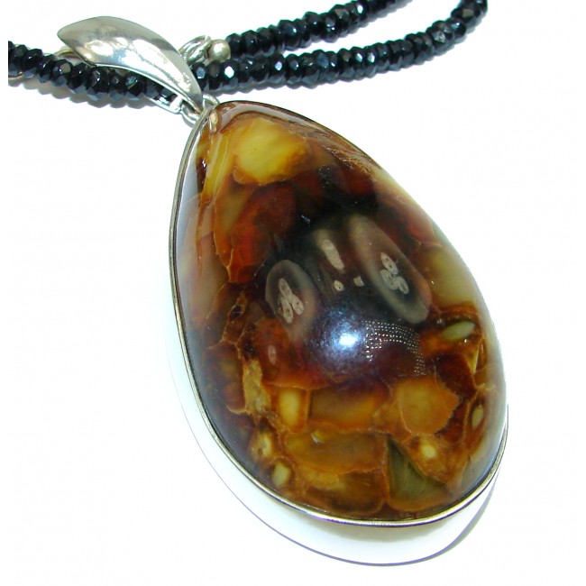 Natural Beauty Golden Polish Amber and Onyx .925 Sterling Silver handmade necklace