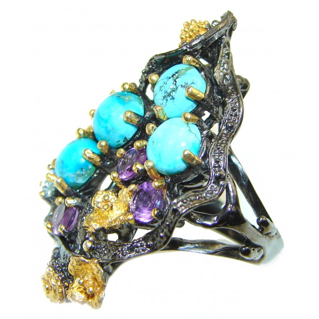 Precious Sleeping Beauty Turquoise black rhodium over .925 Sterling Silver handmade ring size 6