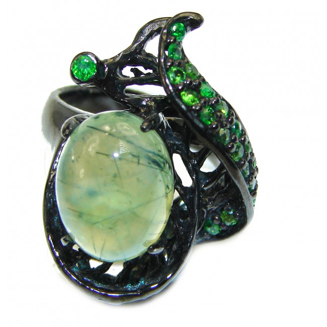 Green Mountain Natural Prehnite black rhodium over .925 Sterling Silver handmade ring s. 7 1/4