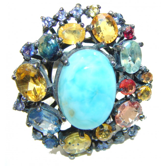 Precious Blue Larimar Sapphire black rhodium over .925 Sterling Silver handmade ring size 8 1/4