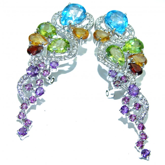 Luxurious Authentic Multigem .925 Sterling Silver brilliantly handcrafted long earrings