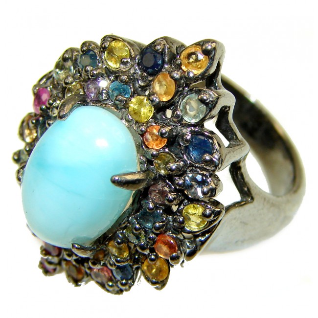 Precious Blue Larimar Sapphire black rhodium over .925 Sterling Silver handmade ring size 9