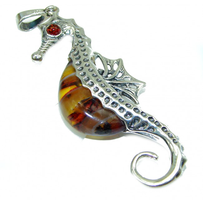 Large Seahorse Excellent Mosaic Polish Amber .925 Sterling Silver handcrafted Pendant