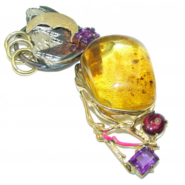 Big City by Night Golden Baltic Amber 14K Gold over .925 Sterling Silver handmade pendant