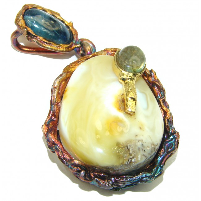 Incredible White Butterscotch Baltic Amber Opal .925 Sterling Silver handmade pendant