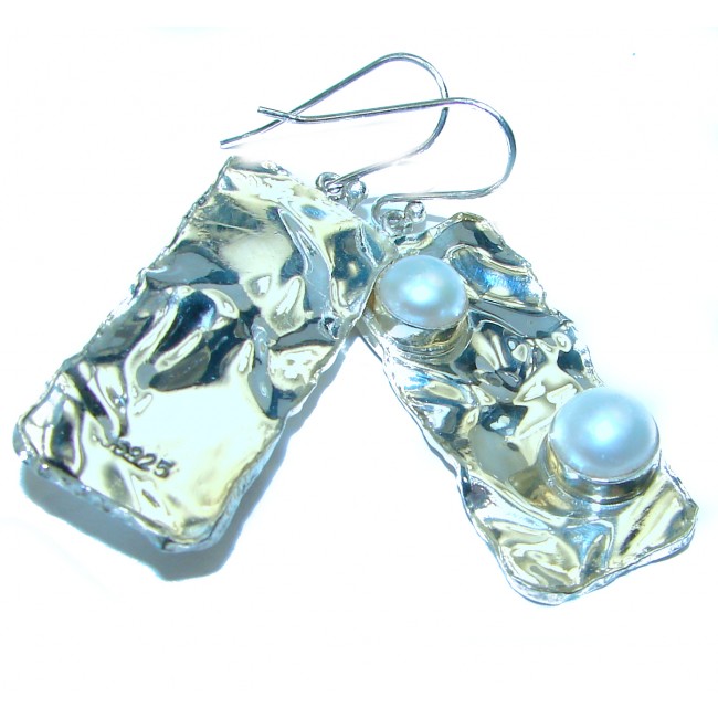 Beautiful Pearls hammered .925 Sterling Silver handmade earrings