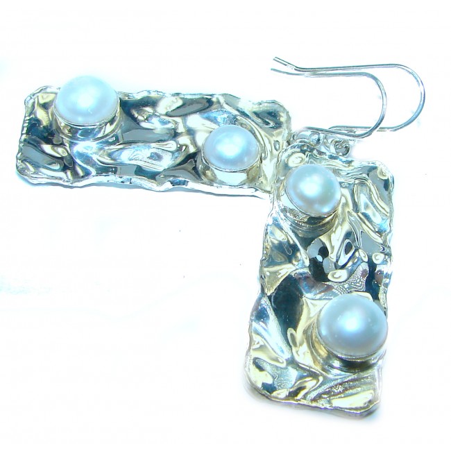 Beautiful Pearls hammered .925 Sterling Silver handmade earrings