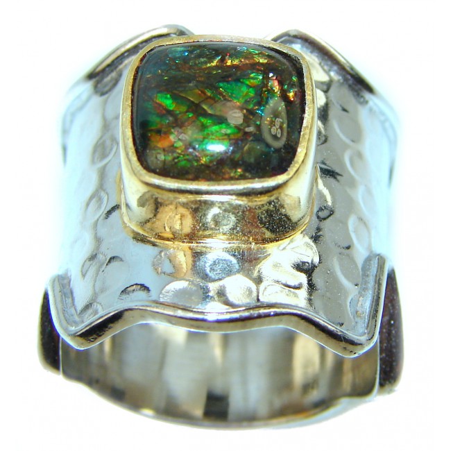 Outstanding Genuine Canadian Ammolite 18K Gold over .925 Sterling Silver handmade ring size 9
