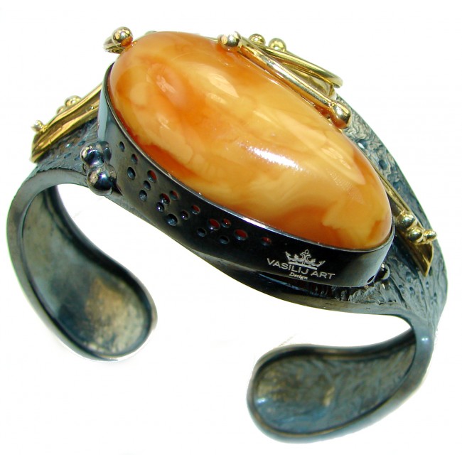 Huge 77.9 grams Genuine Baltic Amber 2 tones .925 Sterling Silver handcrafted Bracelet / Cuff