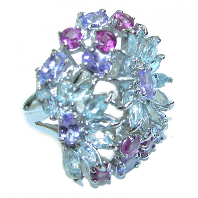 Bouquet of Flowers Authentic Aquamarine Tanzanite .925 Sterling Silver handmade Ring s. 8