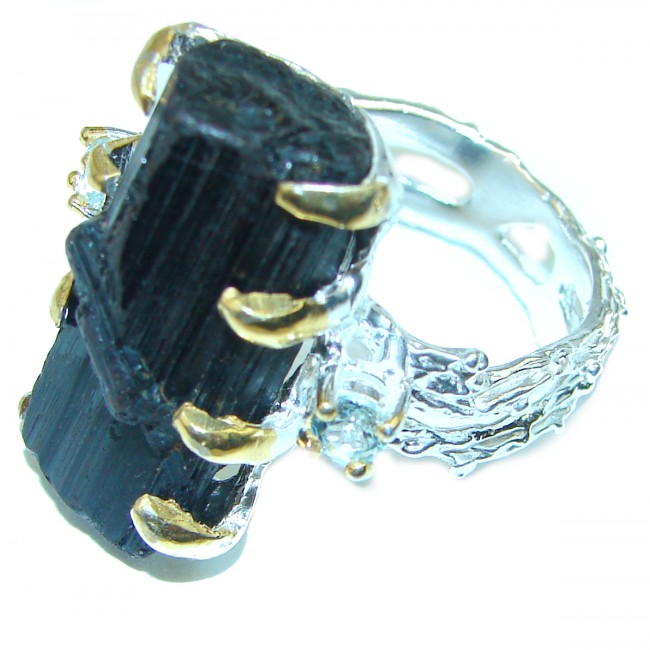 Authentic Rough Tourmaline over 2 tones .925 Sterling Silver Ring size 10