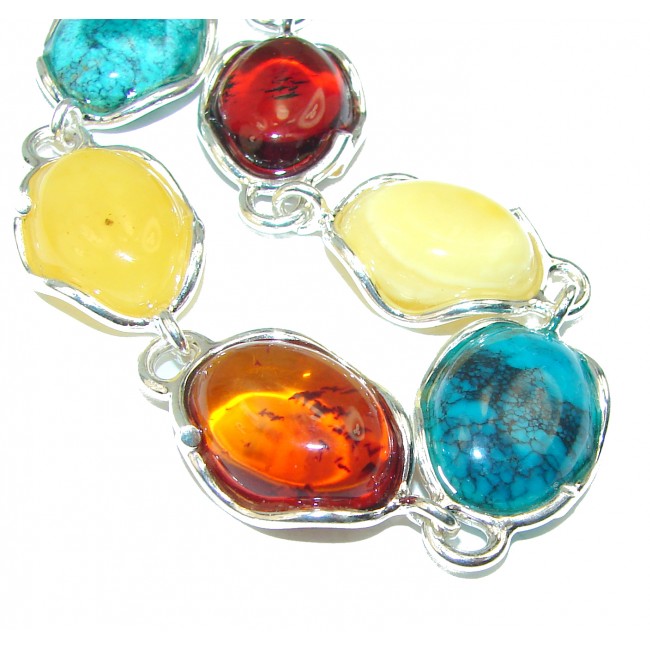 One of the kind genuine Baltic Sea Amber Turquoise .925 Sterling Silver handmade Bracelet