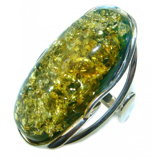 Massive Authentic Green Baltic Amber .925 Sterling Silver handcrafted ring; s. 8 adjustable