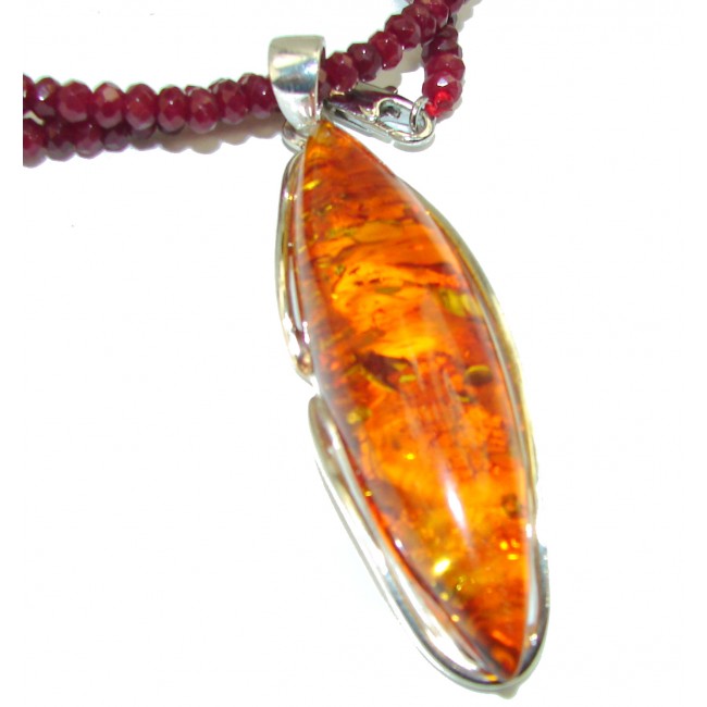 One in the World Natural Baltic Amber Ruby .925 Sterling Silver handcrafted necklace