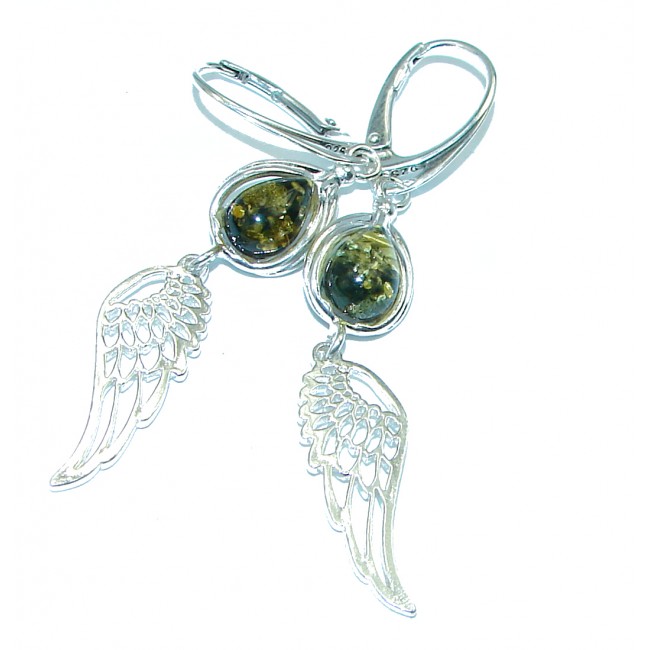 Angel's Wings Green Baltic Amber .925 Sterling Silver Earrings