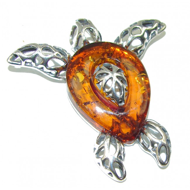 Turtle Genuine Polish Amber . 925 Sterling Silver handmade Pendant