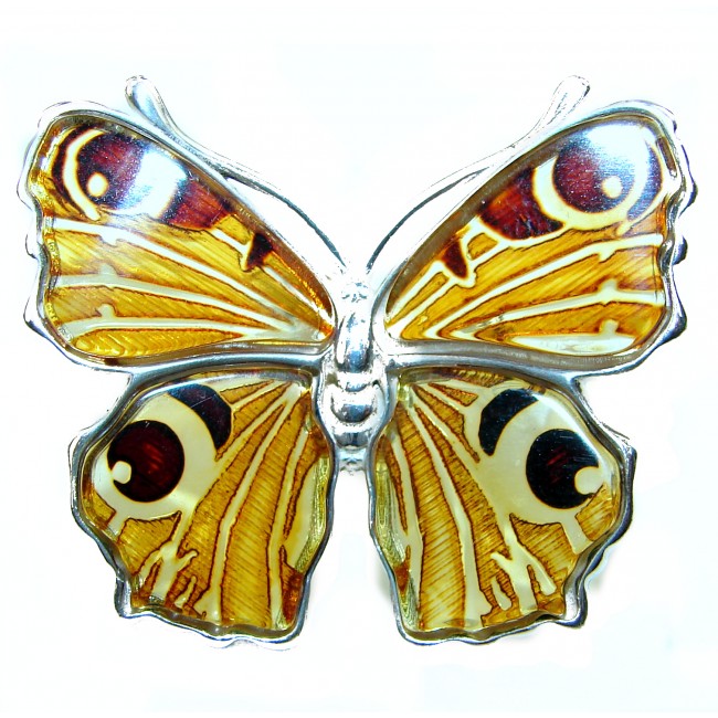 Beautiful Large Authentic carved Butterfly Baltic Amber .925 Sterling Silver handcrafted ring; s. 7 1/2 adjustable