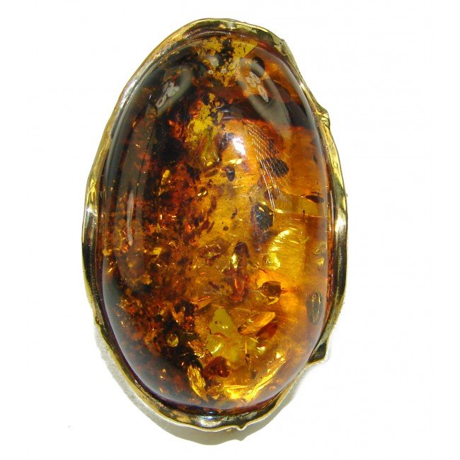 Wisdom of the Ages Authentic Baltic Amber 2 tones .925 Sterling Silver handcrafted ring; s. 8 adjustable
