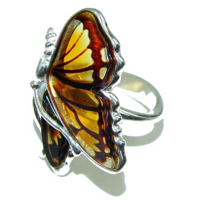 Beautiful Large Authentic carved Butterfly Baltic Amber .925 Sterling Silver handcrafted ring; s. 7