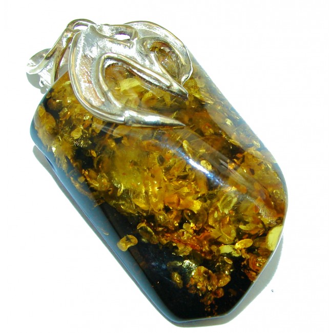LARGE Golden Amber .925 Sterling Silver handmade Pendant