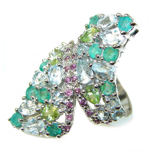 Bouquet of Flowers Authentic Aquamarine Emerald .925 Sterling Silver handmade Ring s. 7 3/4