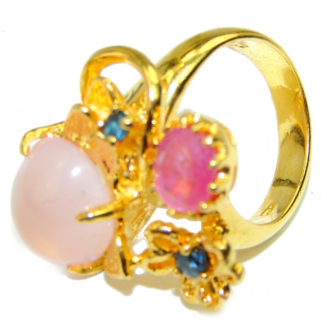 Authentic Rose Quartz 14K Gold over .925 Sterling Silver handcrafted Large Statement Ring size 8
