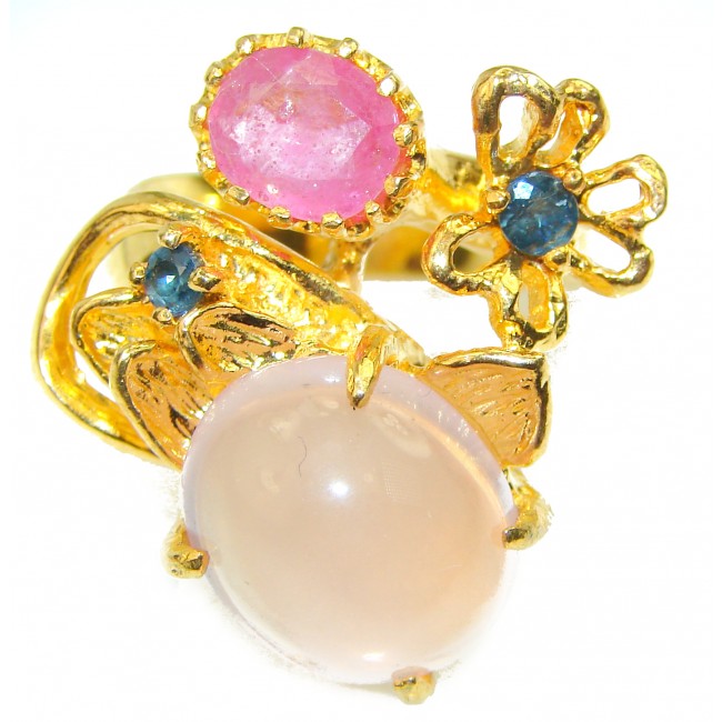 Authentic Rose Quartz 14K Gold over .925 Sterling Silver handcrafted Large Statement Ring size 8