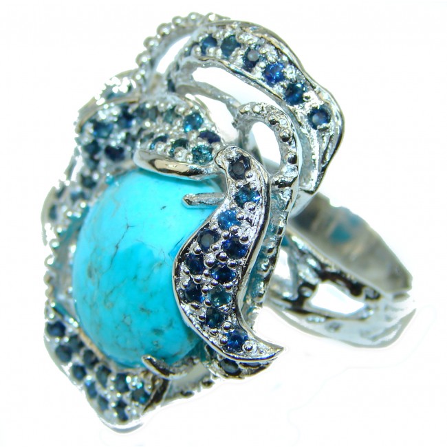 Large Autehntic Turquoise Sapphire .925 Sterling Silver ring; s. 8 1/2