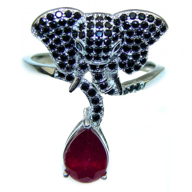 Lucky Elephant Genuine Ruby .925 Sterling Silver handcrafted Statement Ring size 8 1/2