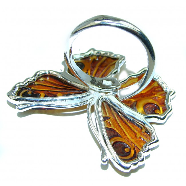 Beautiful Large Authentic carved Butterfly Baltic Amber .925 Sterling Silver handcrafted ring; s. 8 adjustable