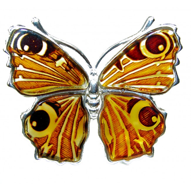 Beautiful Large Authentic carved Butterfly Baltic Amber .925 Sterling Silver handcrafted ring; s. 8 adjustable