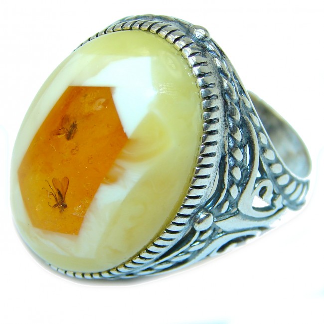 100-Million-Year-Old Baltic Amber with two Mosquitoes .925 Sterling Silver handcrafted ring; s. 11