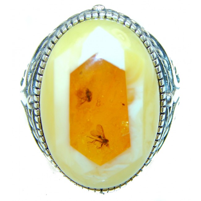 100-Million-Year-Old Baltic Amber with two Mosquitoes .925 Sterling Silver handcrafted ring; s. 11