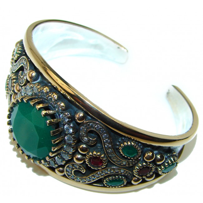 Victorian Style Created Emerald & White Topaz Sterling Silver Bracelet / Cuff