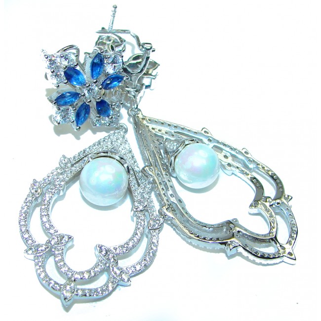 Luxurious Pearl Sapphire .925 Sterling Silver handmade earrings