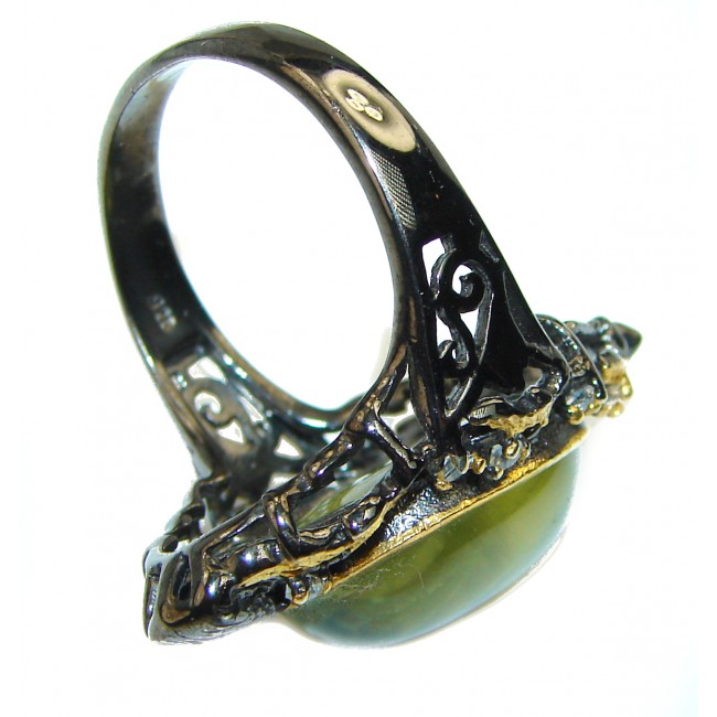 Natural Prehnite black rhodium over .925 Sterling Silver handmade ring s. 8 3/4