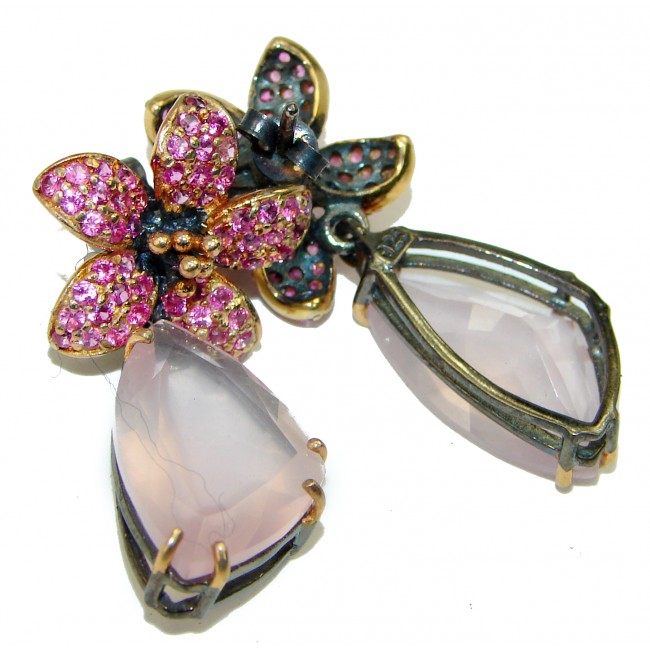 True Beauty Genuine Rose Quartz black rhodium over .925 Sterling Silver handcrafted Earrings