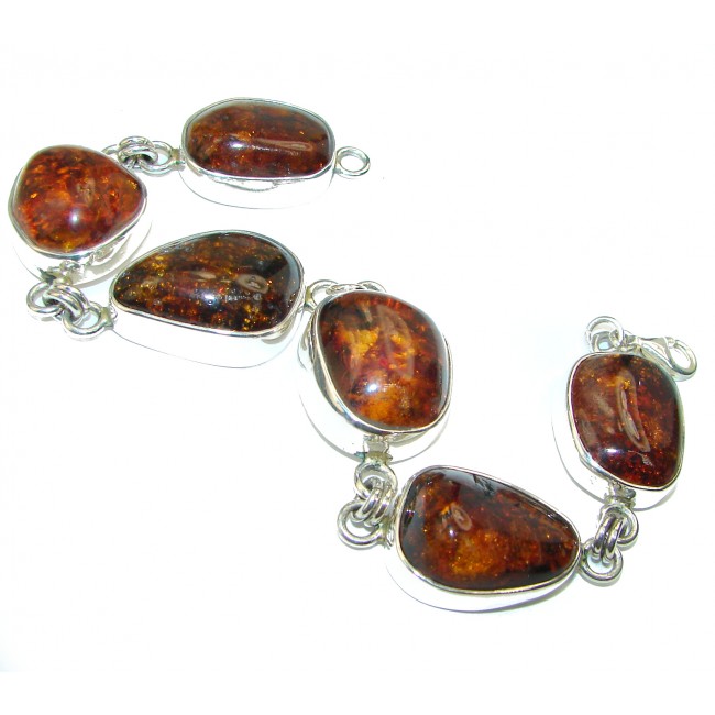 Large Beautiful Cognac Amber .925 Sterling Silver handcrafted Bracelet