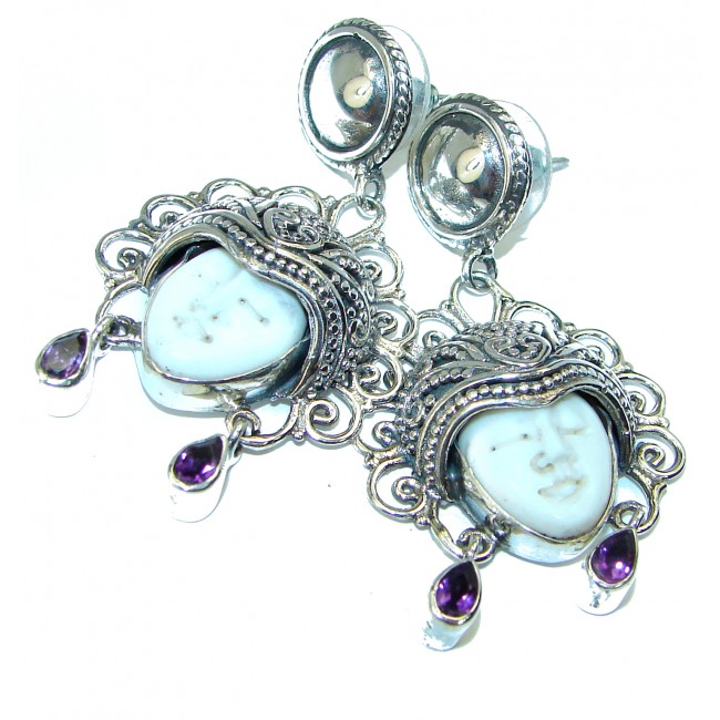 Moonface carved Bone Swiss .925 Sterling Silver handcrafted earrings