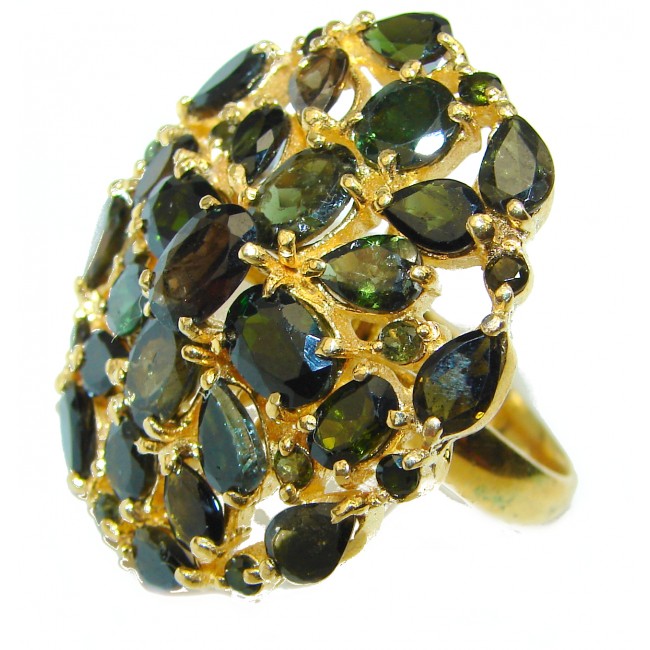 Natural Dark Green Tourmaline 14K Gold over .925 Sterling Silver handcrafted ring; s. 9