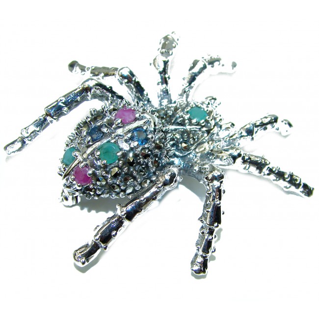 Large Spider genuine Kashmir Ruby .925 Sterling Silver handmade Pendant - Brooch