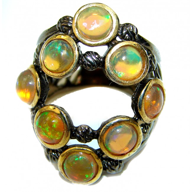 Vintage Design 10.2ctw Genuine Ethiopian Opal black rhodium over .925 Sterling Silver handmade Ring size 7