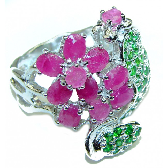 Floral Design unique Ruby Emerald .925 Sterling Silver handcrafted Ring size 8 3/4
