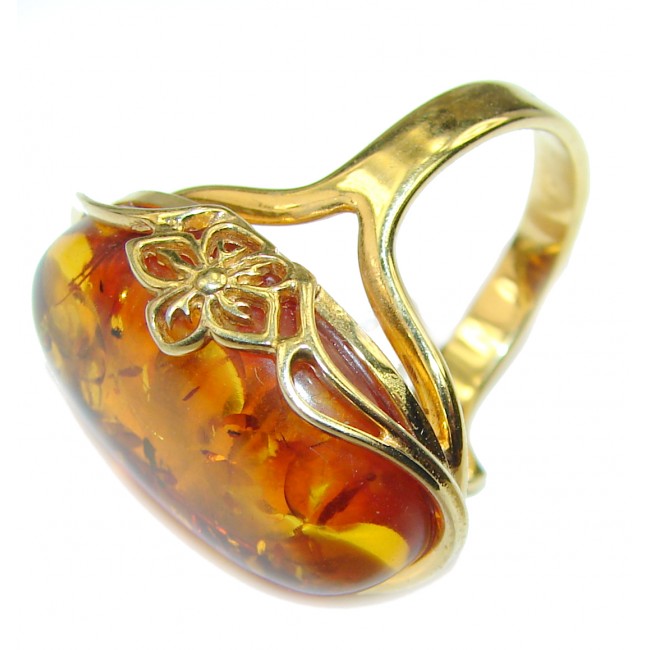Authentic Baltic Amber 14K Gold over .925 Sterling Silver handcrafted ring; s. 7 adjustable