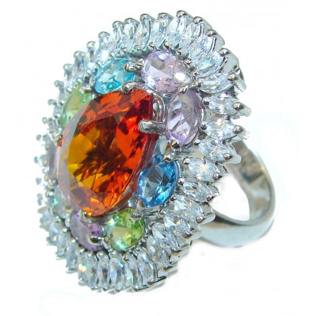 Large Best quality multi-colored Gems .925 Sterling Silver handcrafted Ring Size 7