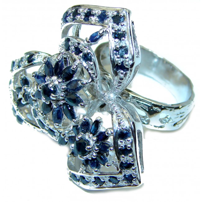 Exotic Blue Flowers Sapphire .925 Sterling Silver handcrafted Statement Ring size 8